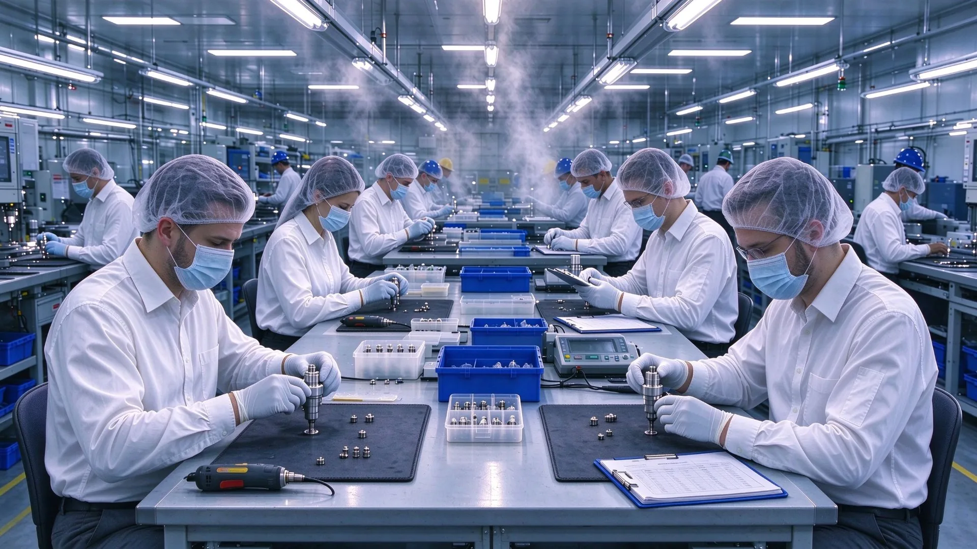Technicians assembling HEATX heating elements by hand in a cleanroom
