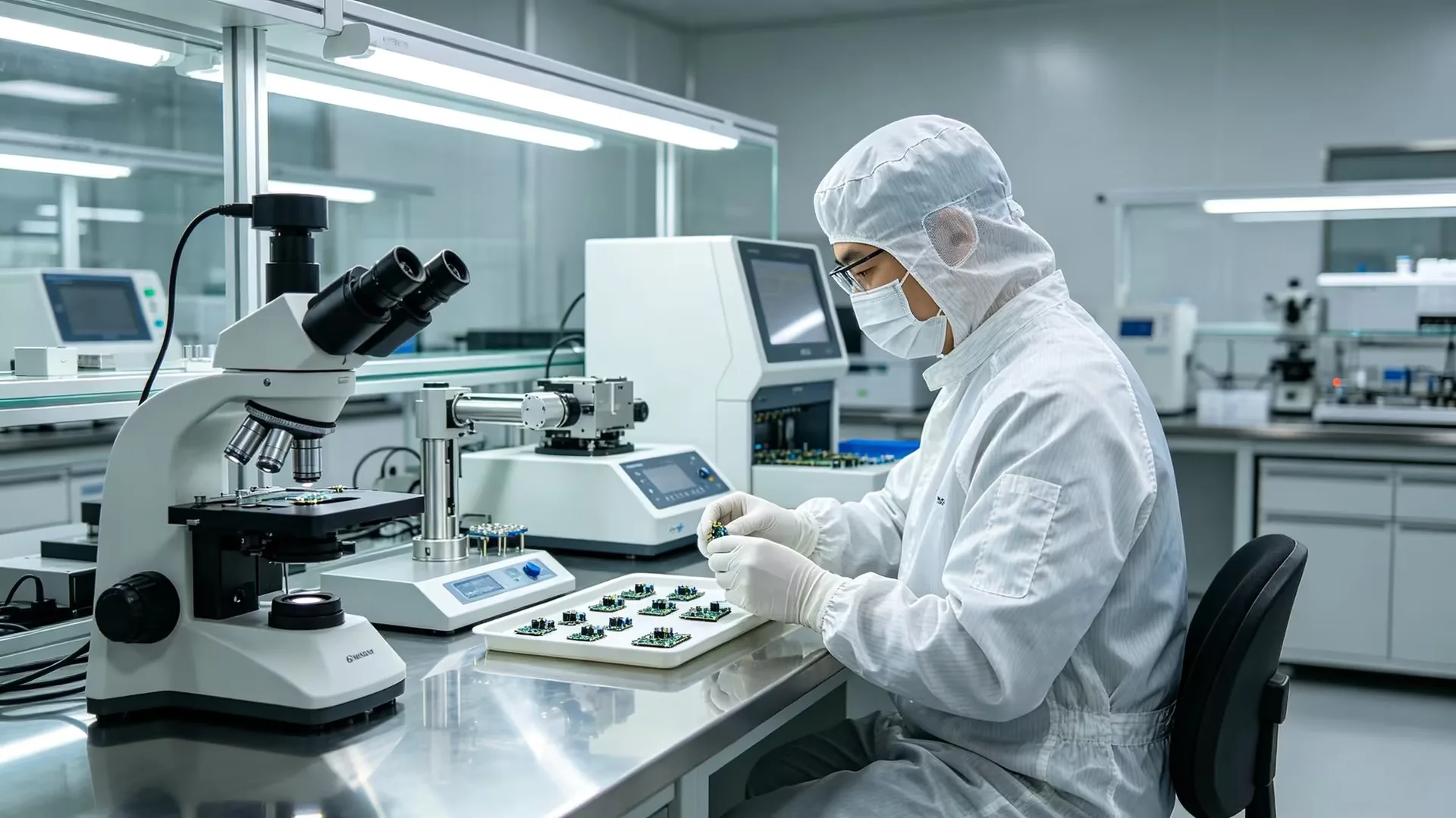 Quality engineer inspecting HEATX circuit boards under a microscope