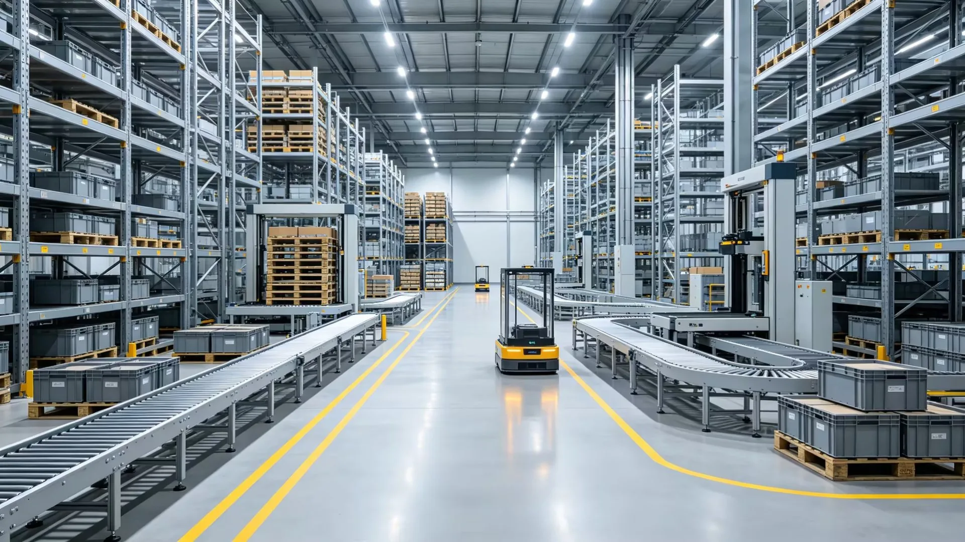 Automated high-bay warehouse with conveyors and AGV forklifts