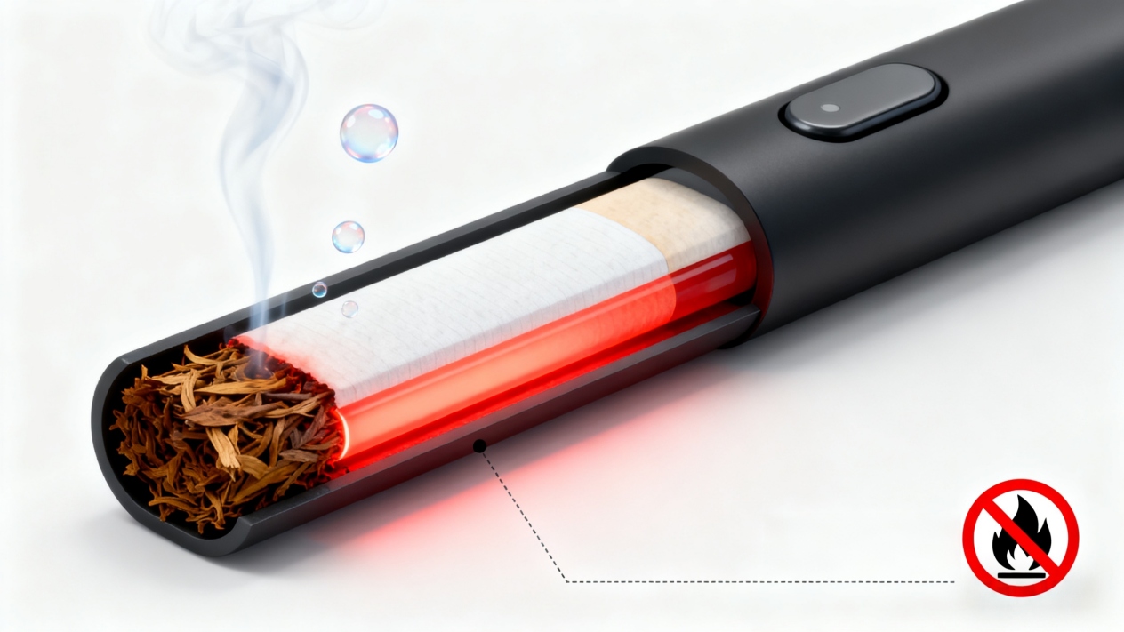 A heated tobacco device with a cigarette inside, emitting smoke, and a no - fire symbol