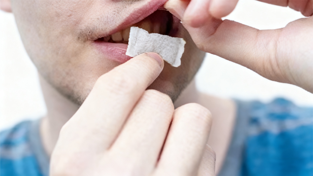Man placing a nicotine patch in his mouth