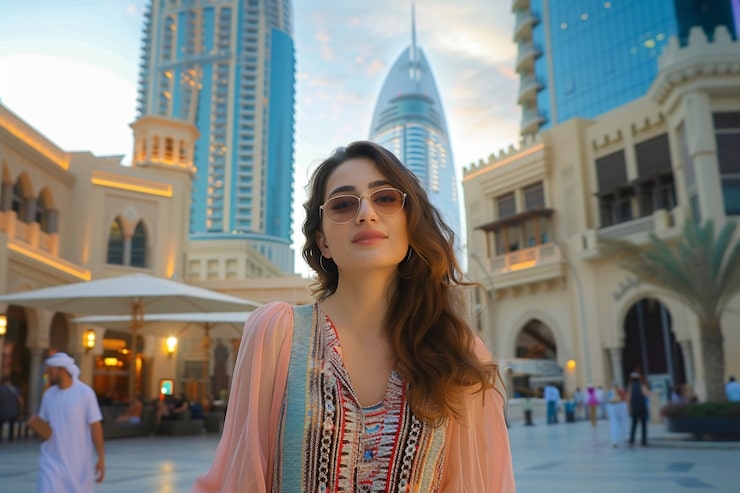 woman in dubai downtown with modern skyscrapers and traditional architecture in the background