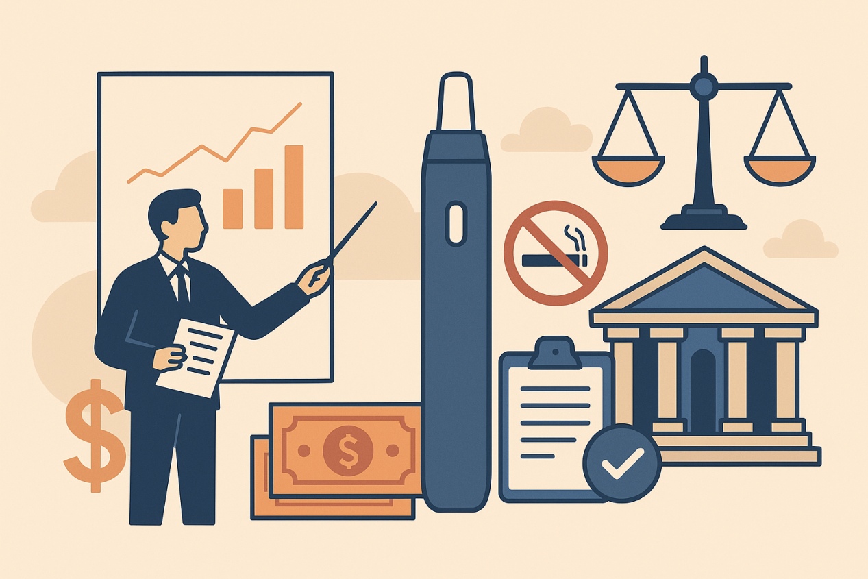 Illustrated graphic featuring business and regulatory elements